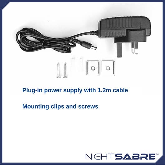 Night Sabre LED security light includes power adapter, clips & screws