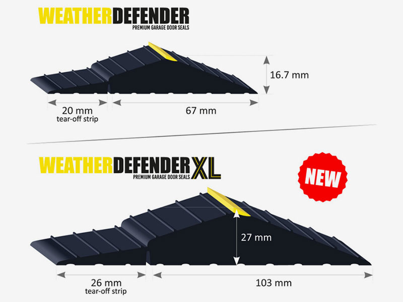Weather Defender garage door floor seal with dimensions shown for height, width, and length.